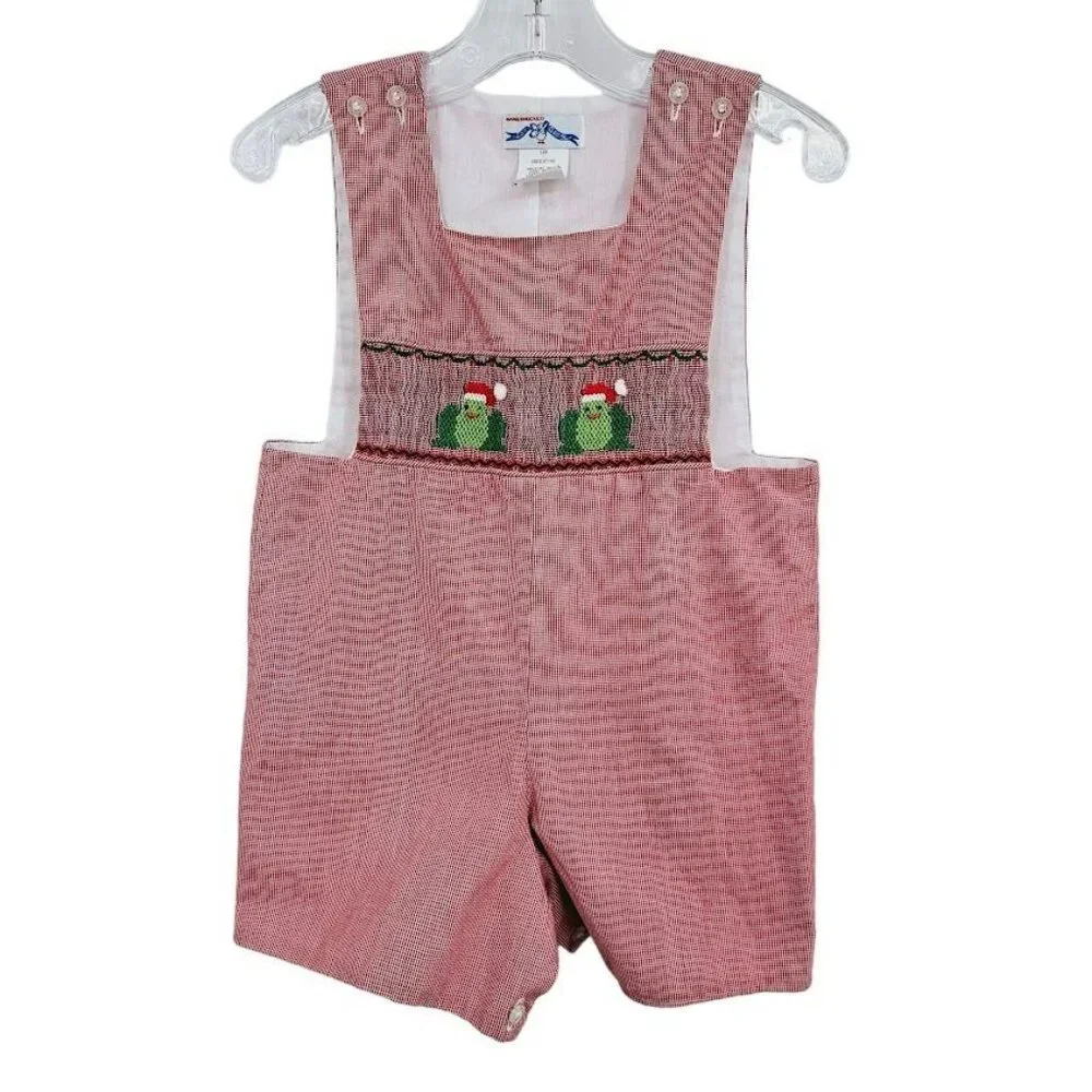 Silly Goose Hand Smocked Jon Jon Romper 18 Months Red Gingham Christmas Frogs